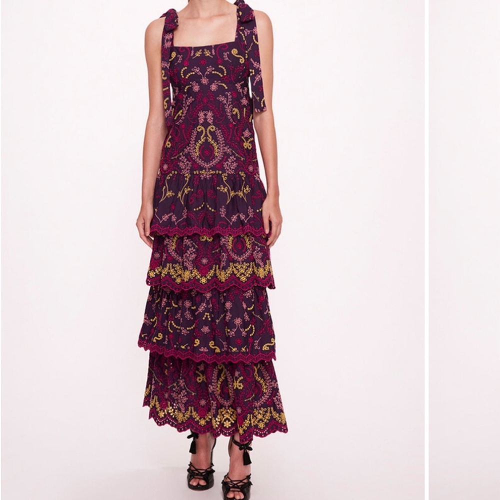 Marchesa Purple and Gold Tiered Eyelet Dress NWT